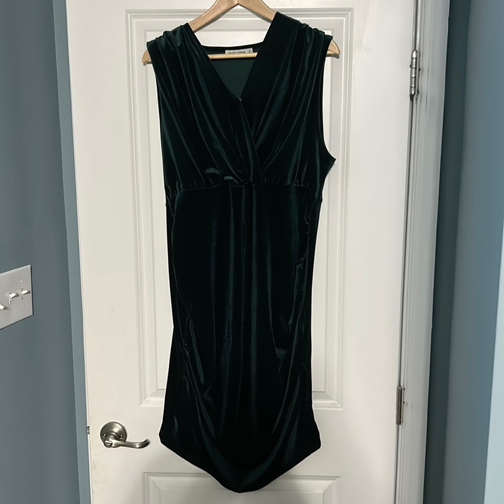 Green velvet V neck Midlength Dress